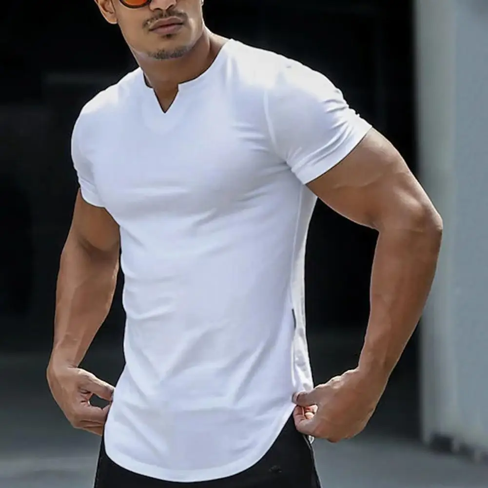 New in Men Tops V Neck Short Sleeve Hem Men T shirt Summer Solid Color Simple Tee Shirt Streetwear