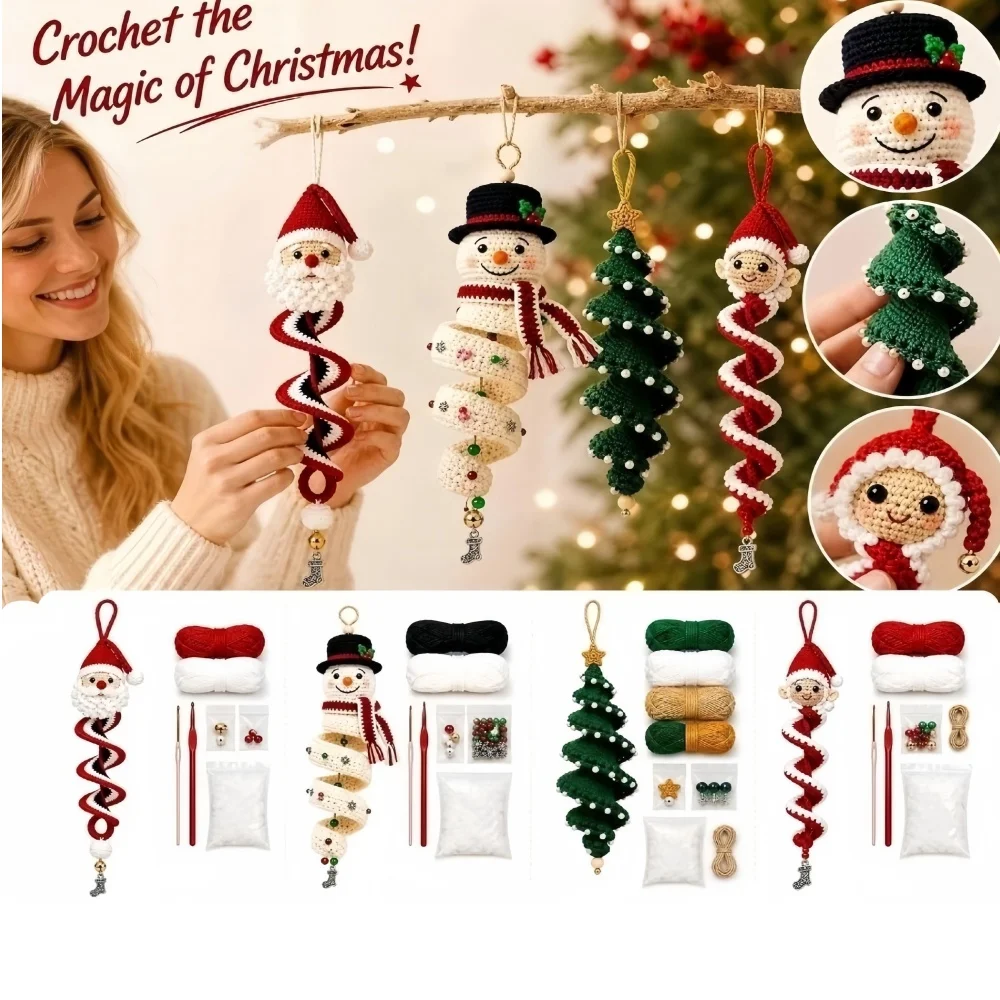 Crochet Snowman Spiral Ornament Needle Thread Material Pack DIY Santa Claus Christmas Party Holiday DIY Decor Xmas Gift