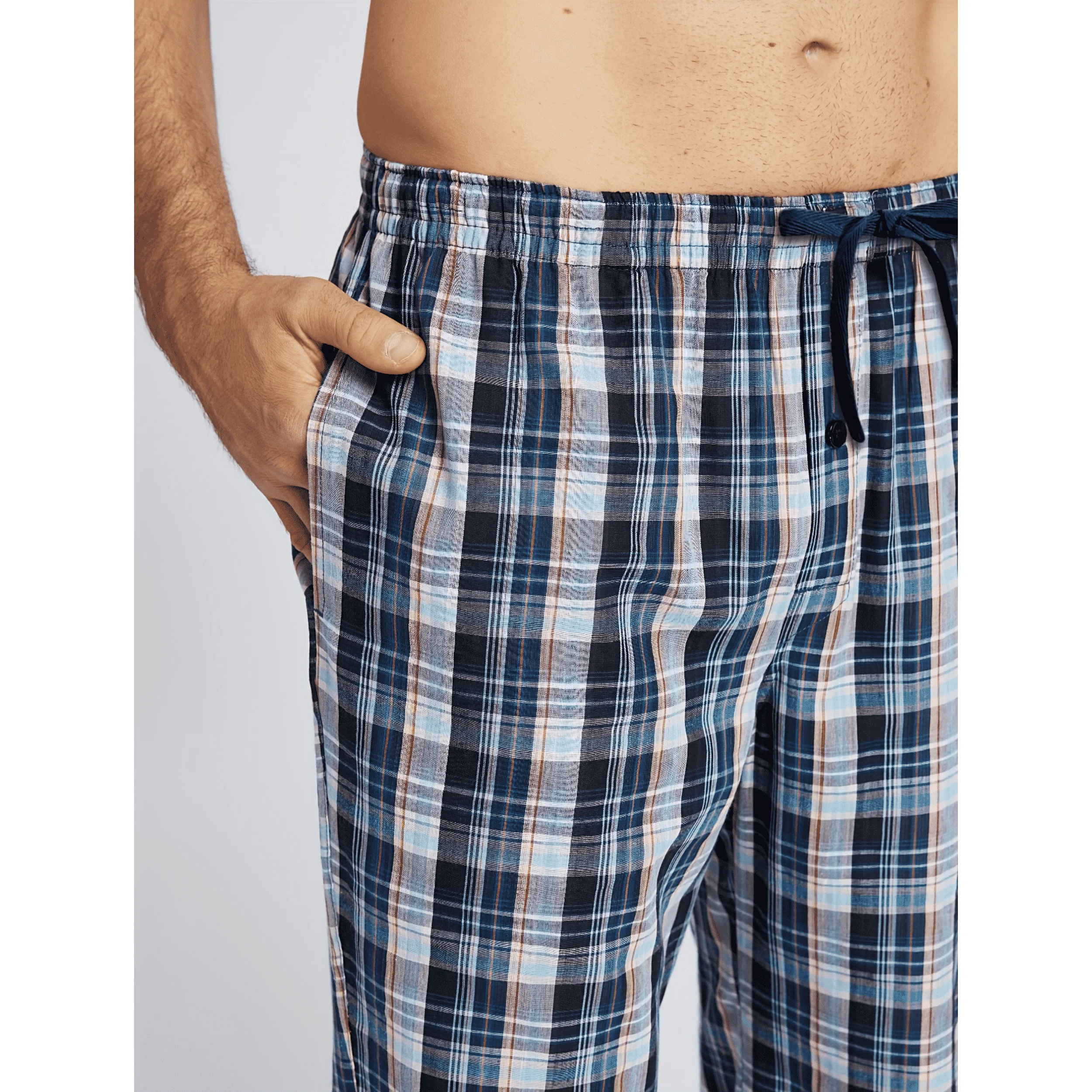 Men's Pajama Pants Autumn New Checked Cotton Thin Soft Comfortable Elastic Waistband with Pockets Home Lounge Pants