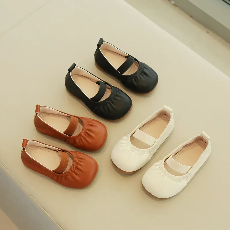 

Soft Kids Girls Shoes Solid Color Elastic Band Round-toe Flat Shoes Pleated Children Casual Shoes Drop Shipping Simple Princess