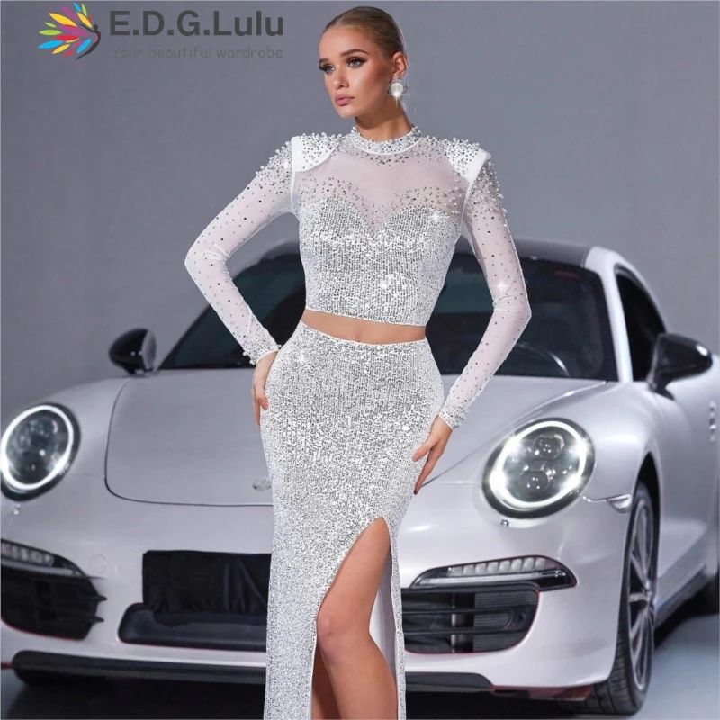 

EDGLuLu 2025 New O Neck Sequin Patchwork Mesh Long Sleeved Short Top+High Slit Long Skirt Two Piece White Sequin Set 0727