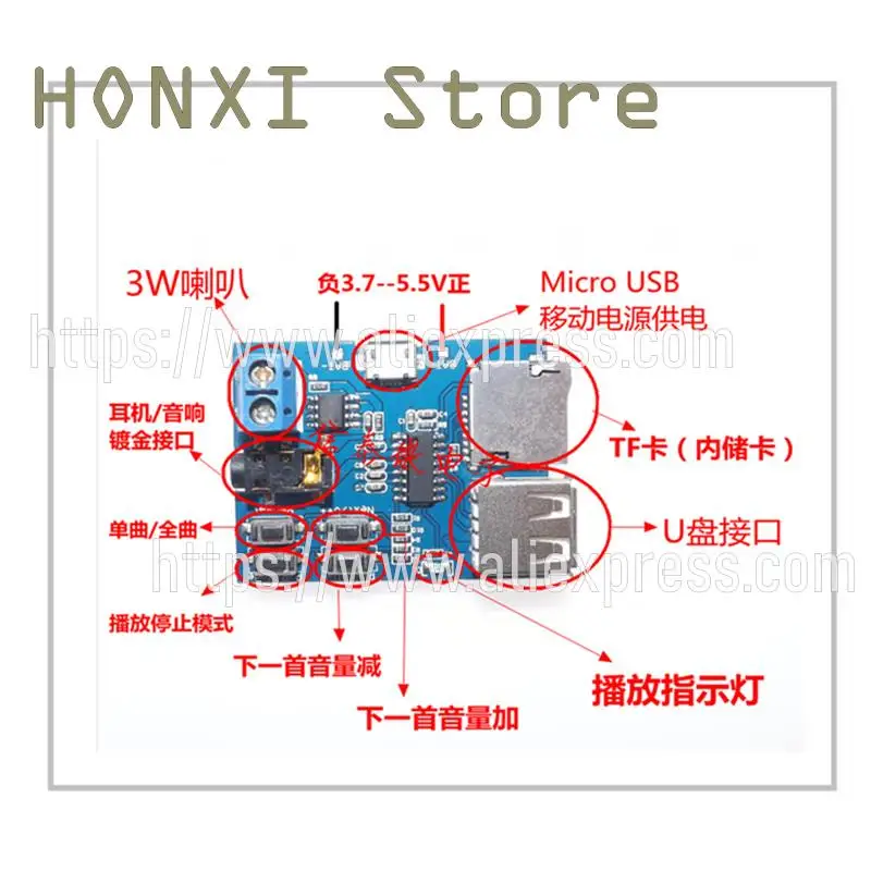 1PCS Mp3 nondestructive decode mp3 decoder board TF card U disk mp3 player comes with power amplifier module