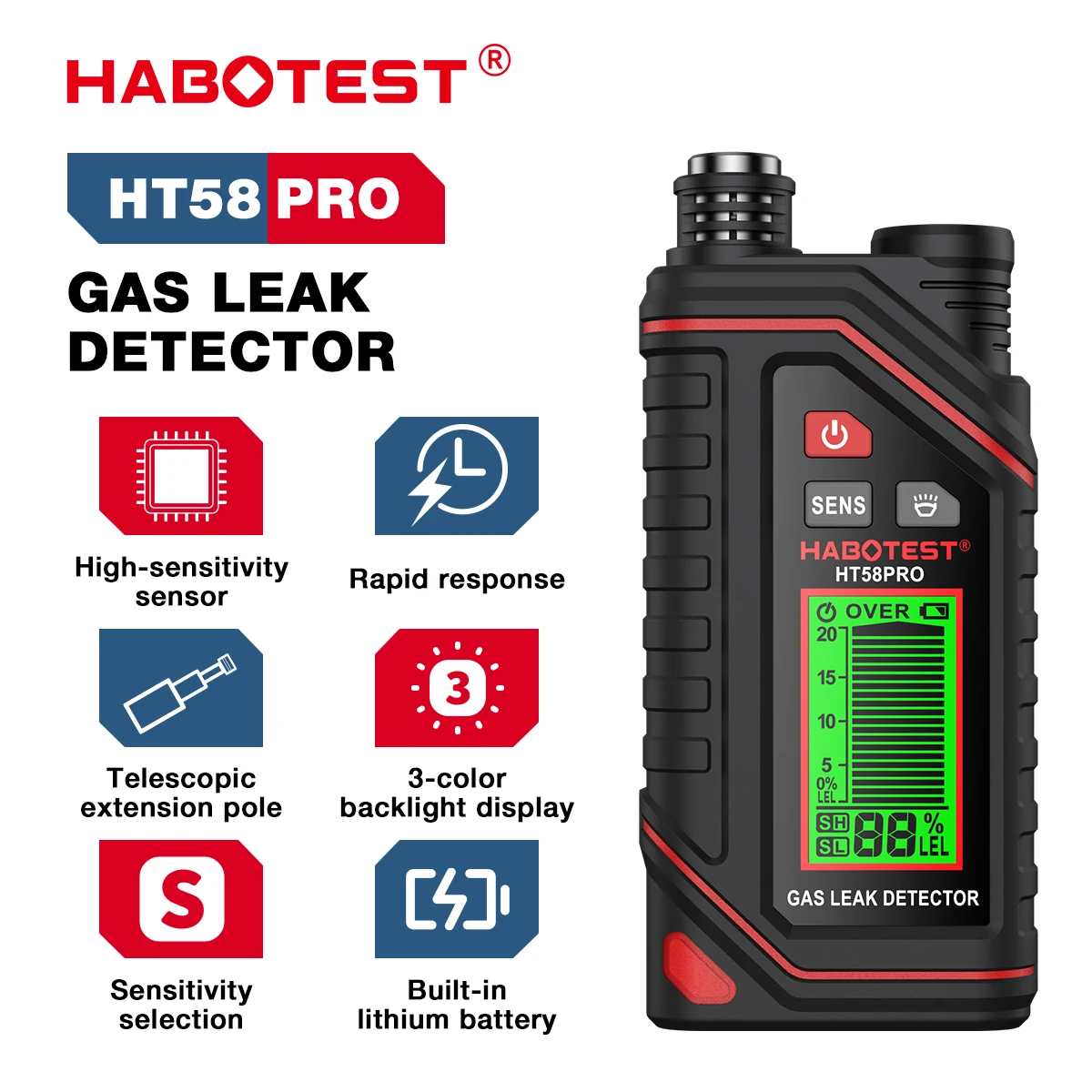 Portable 0-9999ppm Combustible Gas Detector withSound and Light Alarm Rechargeable Combustible Gas Leak Tester HABOTEST HT58Pro