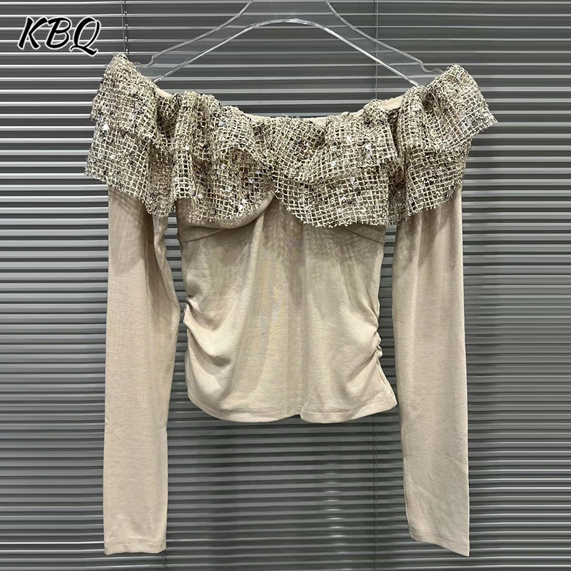 

KBQ Solid Spliced Sequins Folds T Shirts for Women Slash Neck Off The Shoulder Sleeve Temperament Tops Female Fashion Style New