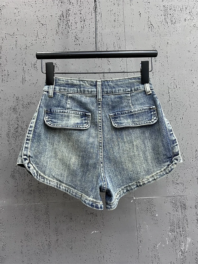 Short en denim cargo décontracté pour femme, poches solides, streetwear taille haute, pantalon basique, mince, vintage, vêtements de mode