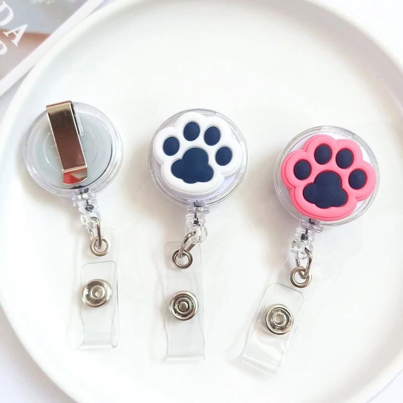 High Quality Silicone Retractable Nurse Badge Reel Cute Cat Paw Name Tag ID Card Holder Keychains Lanyard Reel Clip Accessory