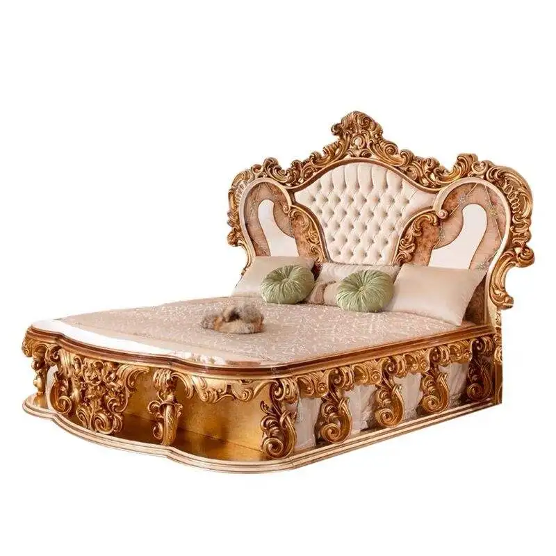 European French luxury palace king bed antique gold leaf bed bedroom furniture