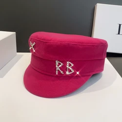 Fashionable Hot Pink Wool Newsboy Cap with Rhinestone Letter Decoration Autumn Winter Flat Visor Caps