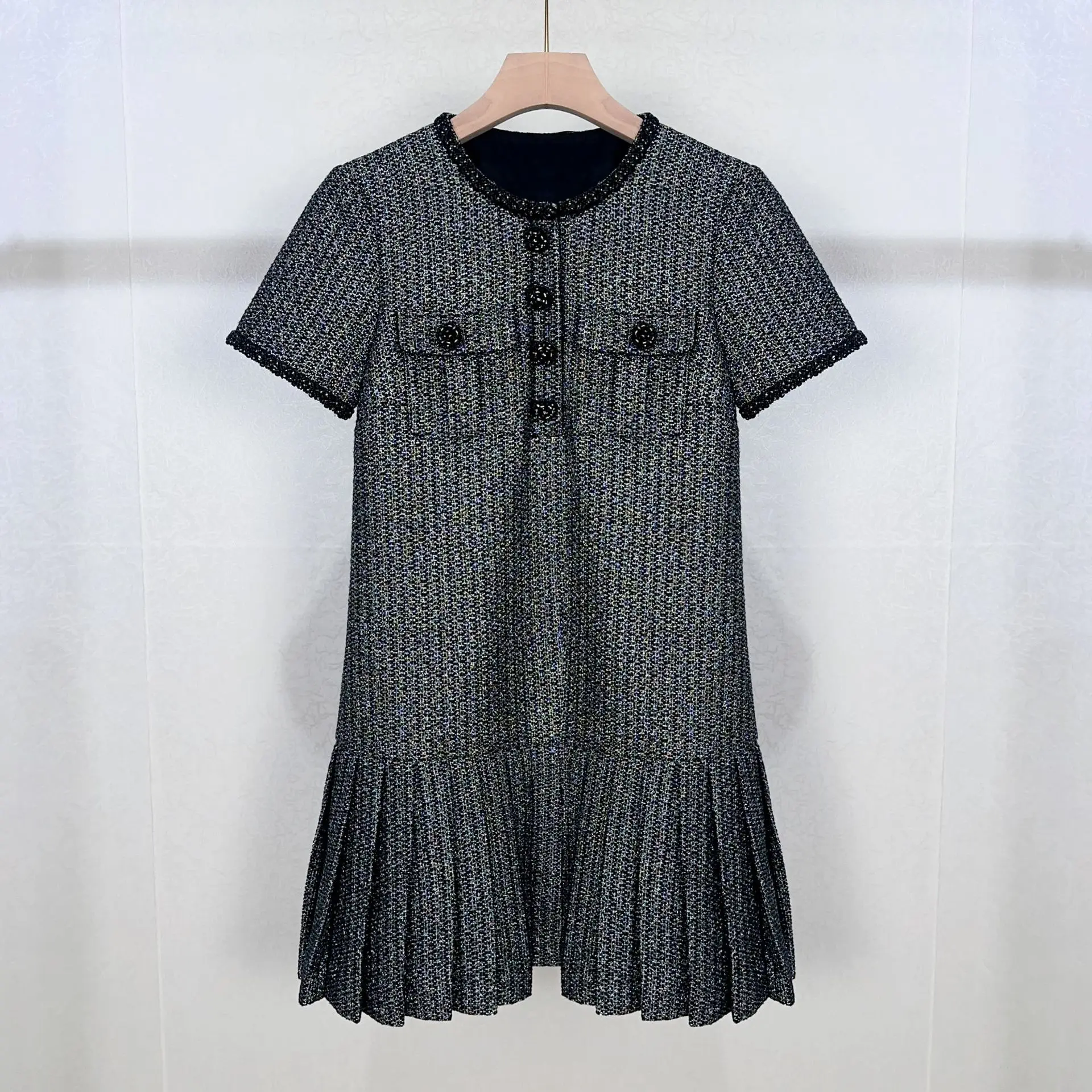 

Women's Tweed Dress Autumn 2024 Diamond Buttons Round Neck Short Sleeve High Waist Elegant Female Mini Robe