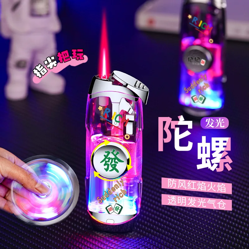 New Luminous Trendy Play Cool Decompression Gyroscope Transparent Body Windproof Red Flame Inflatable Lighter Live Streaming Sou