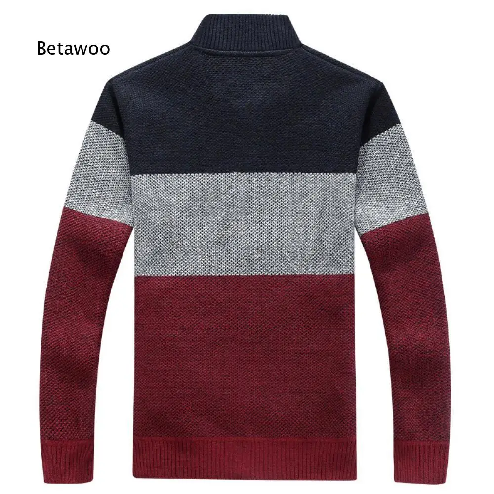 Men Casual Thick Knitted Cardigan Color Block Stand Collar Zip Front Long Sleeve Fleece Lined Top for Autumn Winter Matching