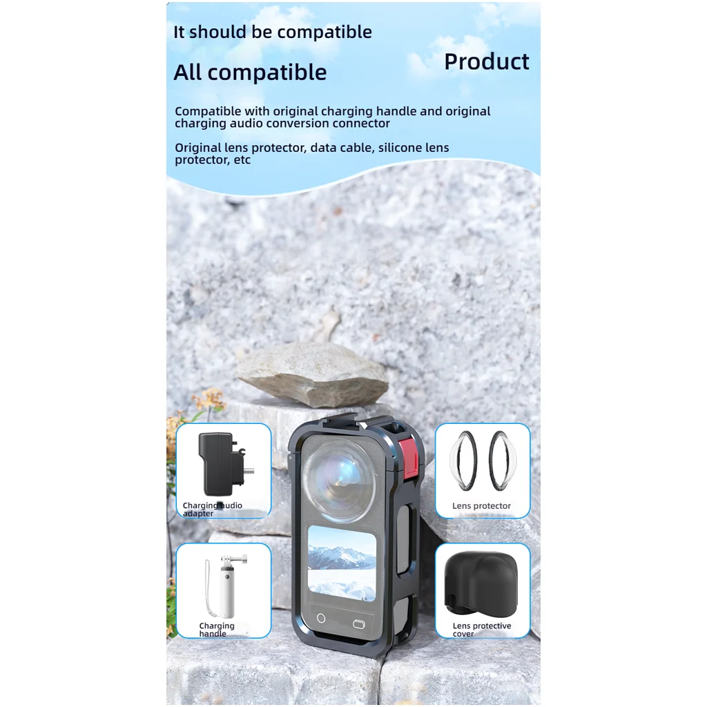 Metallrahmen-Kamerakäfig für Insta360 X6 Aluminium Magnetischer Schnellverschluss mit HD-Glas-Objektivschutz und Montageadapter – Detail 11