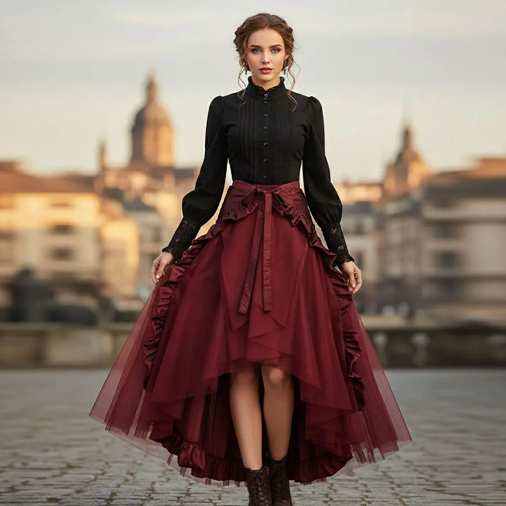 

Female Steampunk Gothic Wrap Skirt Victorian Era Ruffled Pirate Skirt