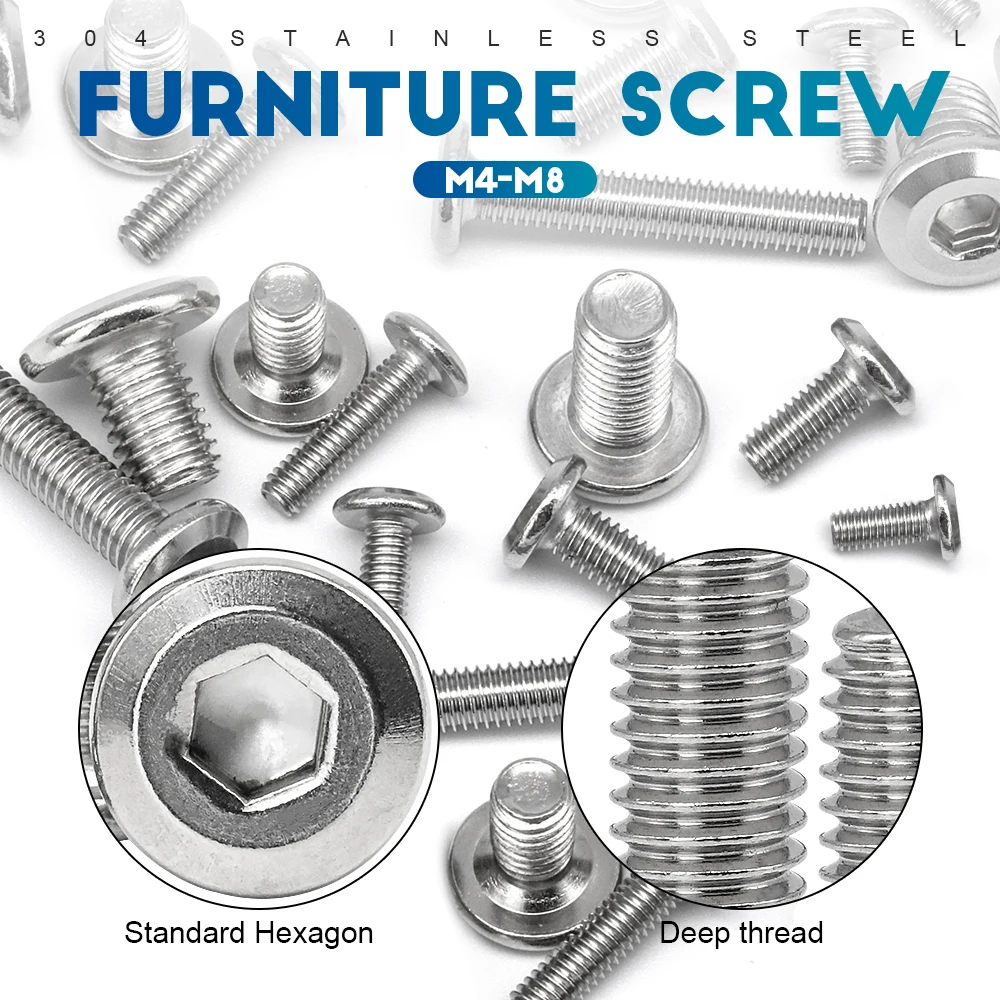 NINDEJIN 2-50pcs Flat Head Hex Socket Furniture Screw Stainless Steel M2 M2.5 M3 M4 M5 M6 M8 M10 Connector Screws for Furniture