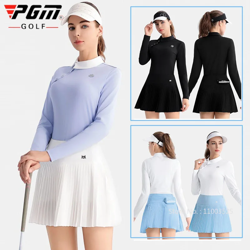 

Pgm Autumn New Golf Women's Long Sleeved Top Mandarin Collar Slim Shirts Lady Outdoor Golf Skirts Pleated Leisure Sports Skorts