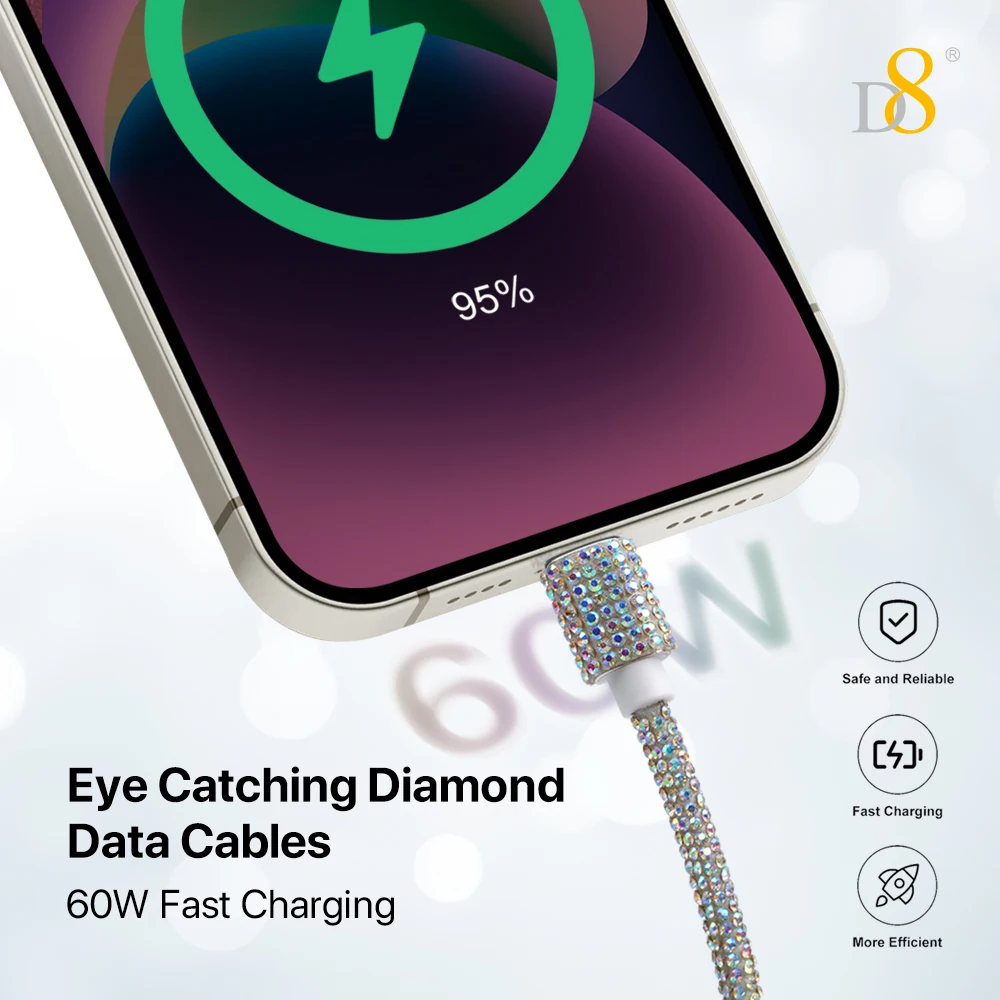 D8 60W USB C to USB C Cable Fast Charging,  Crystal Decoration,Diamond Shine, Compatible with iPhone 15/Pro/Plus/Pro Max, MacBoo