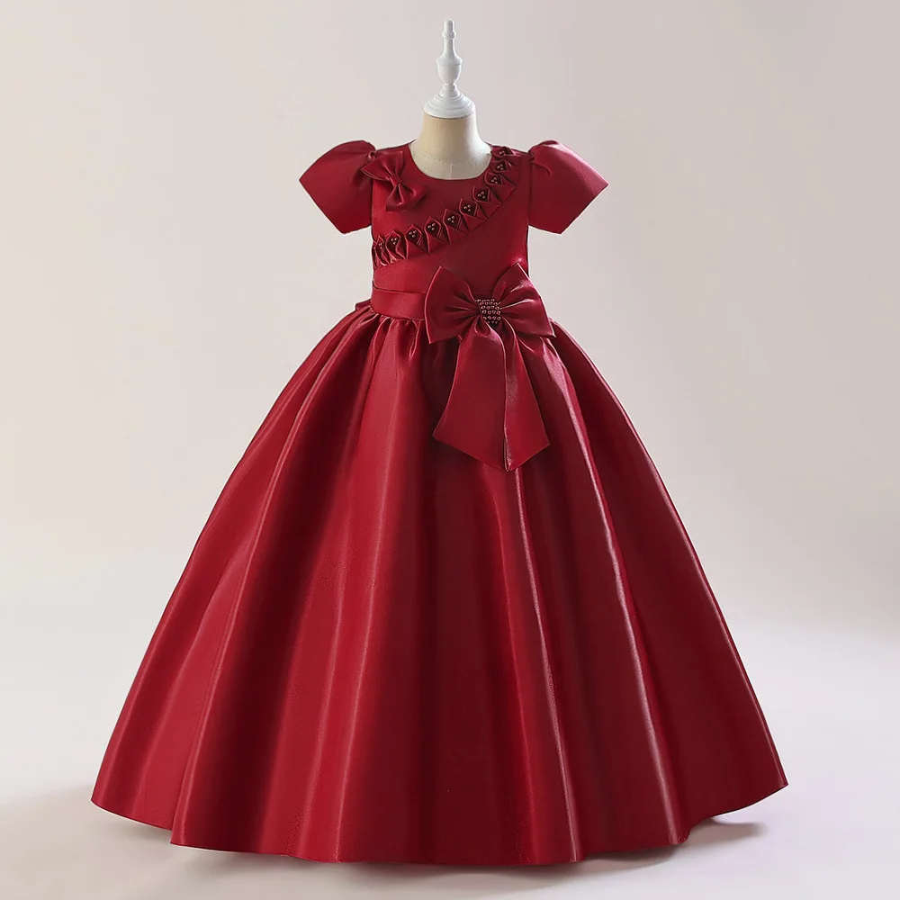

Children Girls Puff Sleeve Bow Beaded Long Princess Dress For Kids Birthday Party Wedding Graduation Ceremony Performance Gown