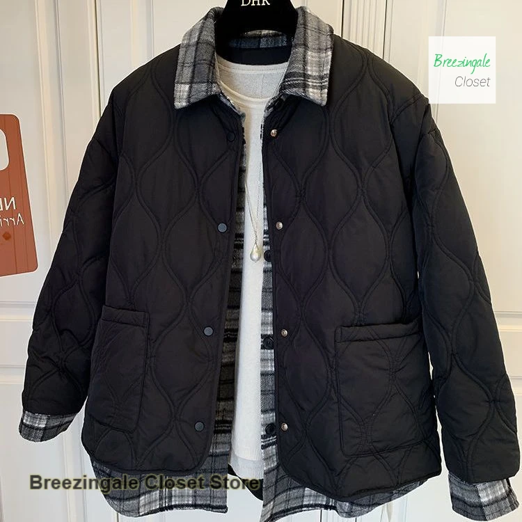 

French stitching retro plaid shirt fake two cotton-padded women's autumn and winter new fashion loose student casual coat.