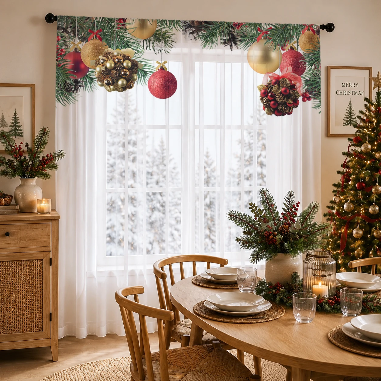 1pc Christmas Sheer Curtain Rod Pocket, Xmas Pinecone Print Light Filtering Window Treatment for Living Room Holiday Decor