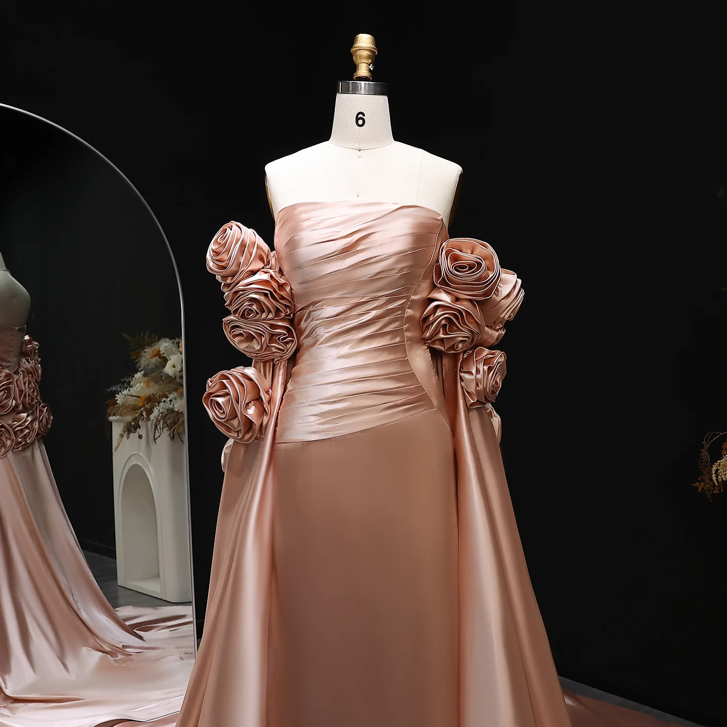 Personalizado elegante feminino vestidos de noite luxo 3d flores coluna plissados festa cetim querida até o chão baile para ocasiões