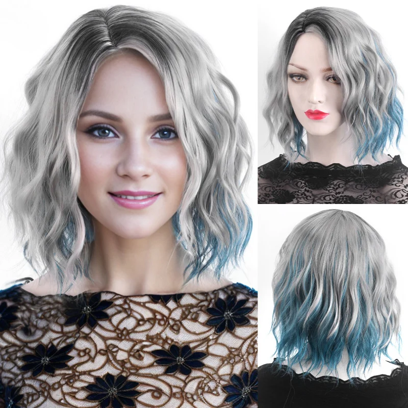 

European and American style short curly hair wig for women, wool curls highlights, full headpiece, voluminous with side ban