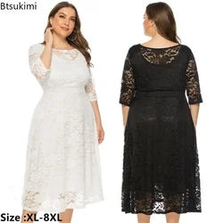 2026 Women's Summer Oversized Dress Elegant  Half Sleeve Casual Lace Midi Dress Female Solid Wedding Party Evening Dresses 8XL