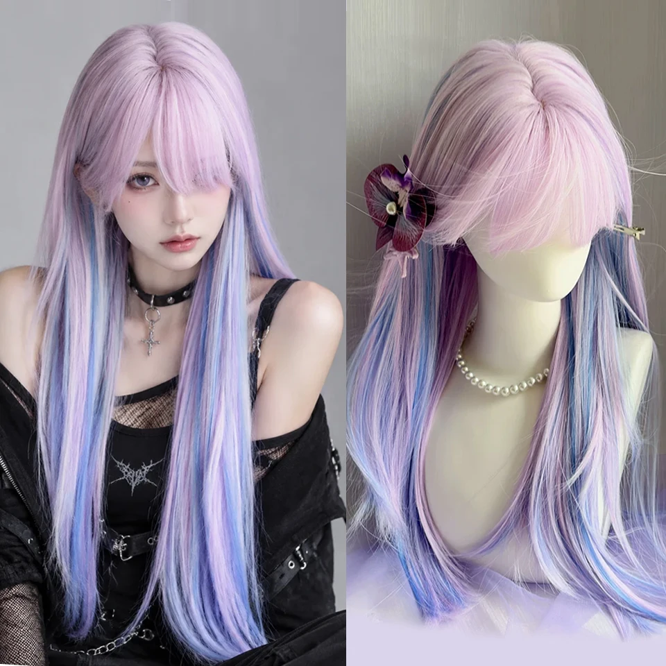 24Inch Purple Highlights Blue Synthetic Wigs With Bangs Long Straight Hair Wig For Women Daily Lolita Cosplay Wig Heat Resistant