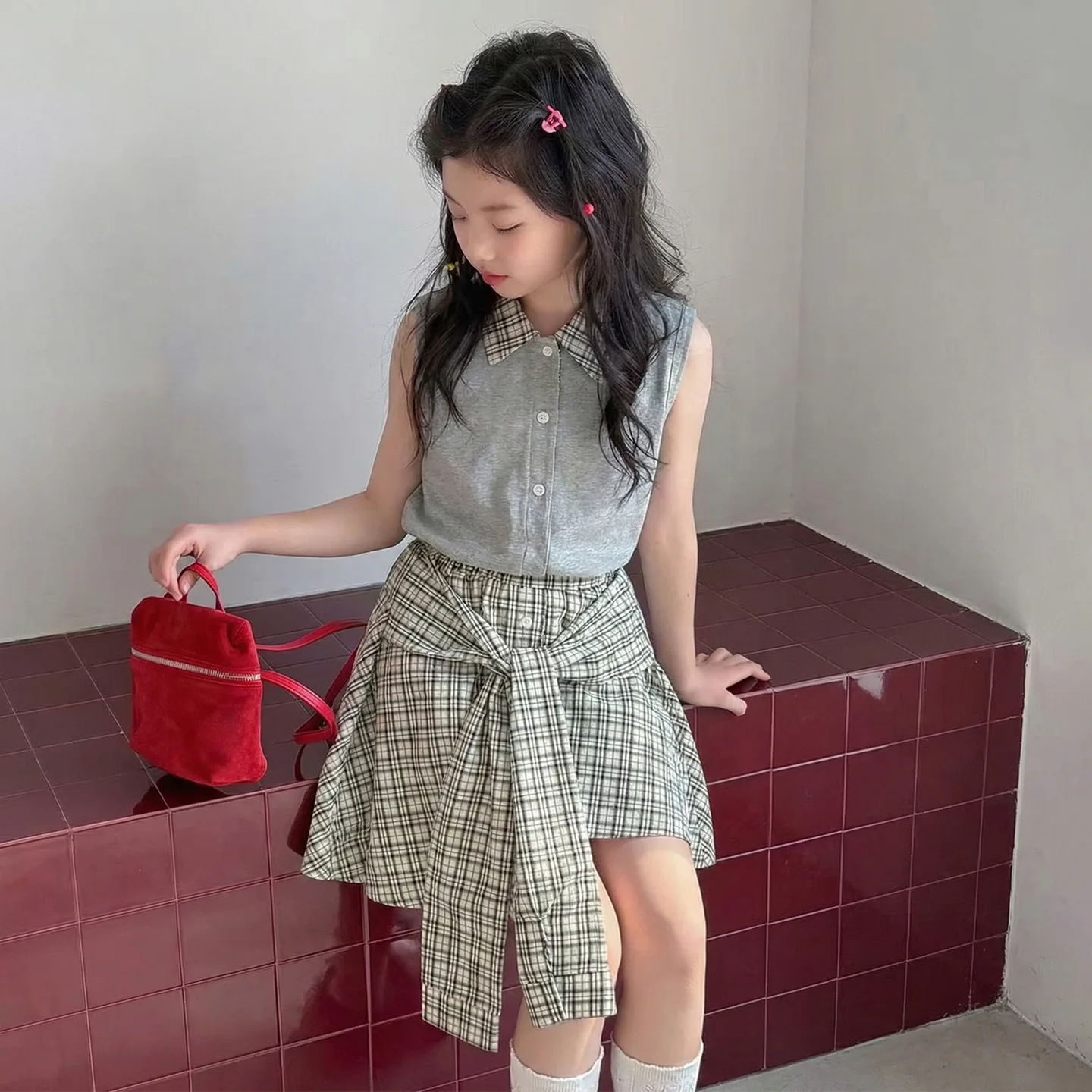 2026 New Trendy Child's  Outfit Irregular Retro Plaid Half Skirt Set with Top for Summer