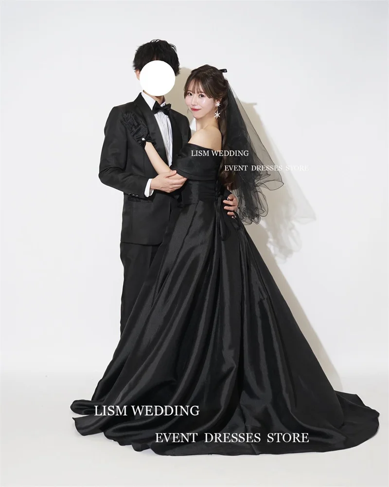 Lism einfach schwarz eine Linie Abendkleider Korea Hochzeit Fotoshooting Ärmel Satin Ballkleid formelle Party Anlass Kleid