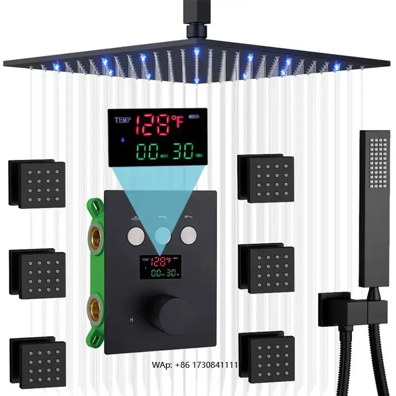 

Матовый черный термостатический светоизлучающий диодный душ Скрытая латунная потолочная душевая система с дождевым потолком и режимом распыления дождя