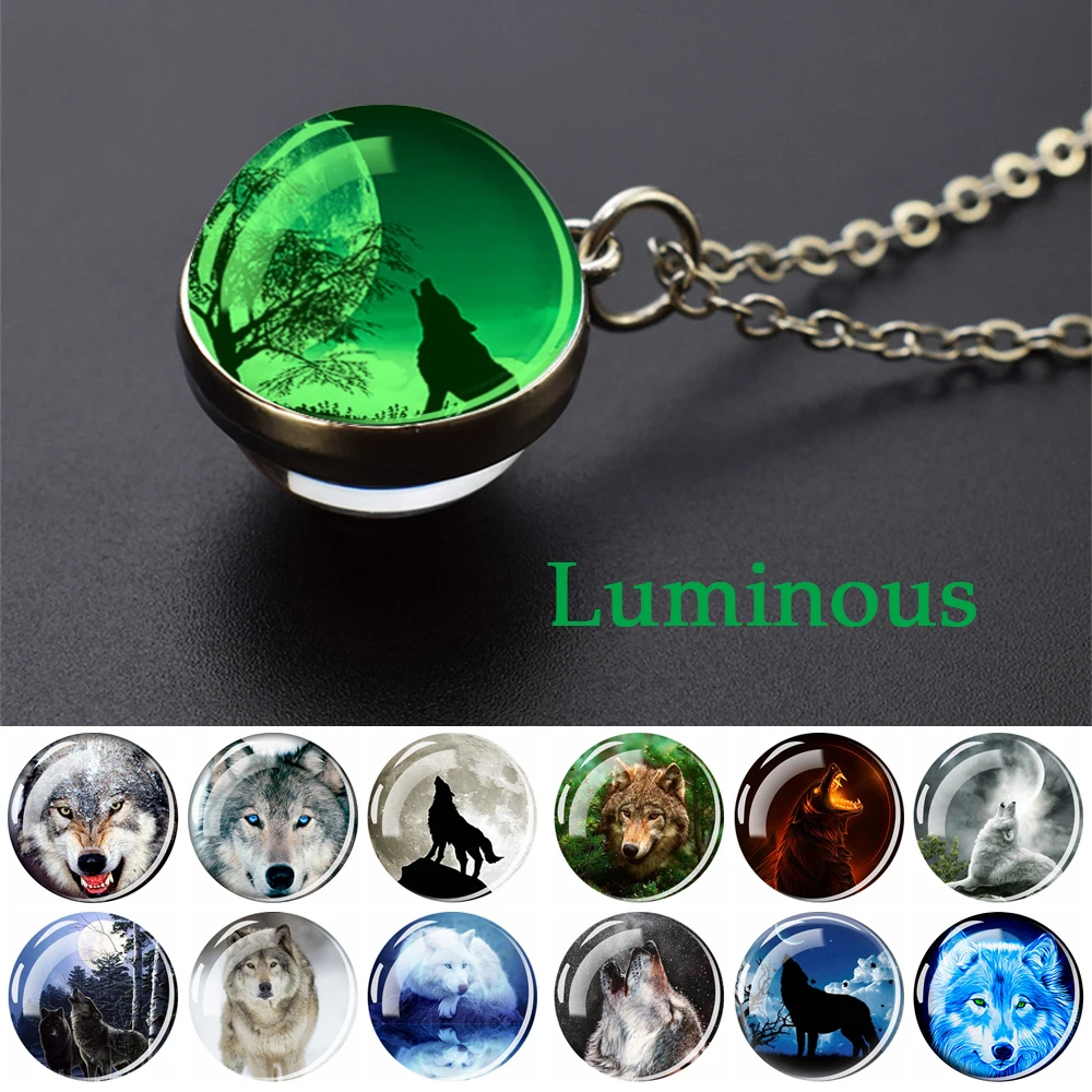 Glow in the Dark Wolf Necklaces Howling Wolf  Head and Moon 2CM Glass Ball Pendant Double Sided Necklace Women Men Jewelry Gifts