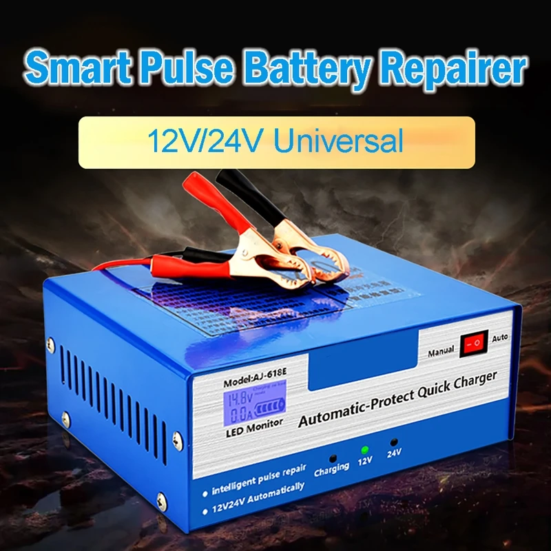 

110/220V Intelligent Pulse Battery Repairer Battery Charger for 12V/24V 6AH-200AH Batteries Lead Acid Battery Agm Gel Wet