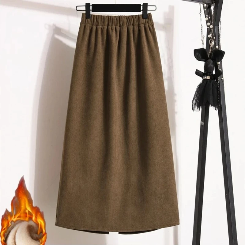 

Women High Waist Solid A-line Skirt 2025 Autumn Winter Plus Size Skirts Back Slit Korean Thick Elegant Fleece-lined Style Skirts