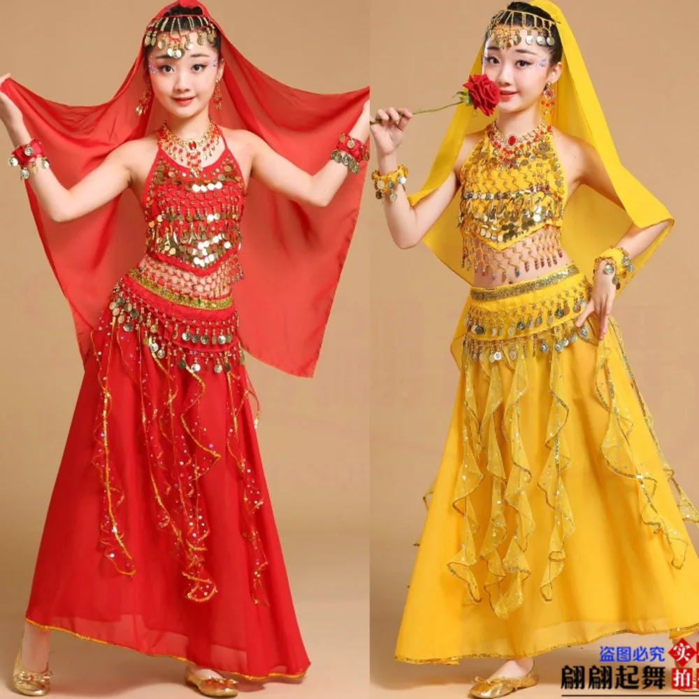 6pcs bollywood oriental belly dance costumes set professional girl kids Child wear sari indian dress dancing bellydance practice