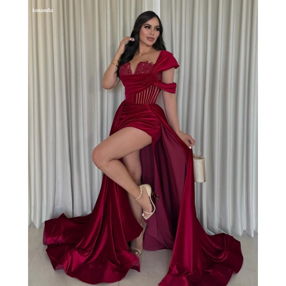 Amanda personalizado vermelho um ombro lantejoulas sem alças robes de soirée fenda lateral vestidos de festa de veludo até o chão vestido de baile 2024