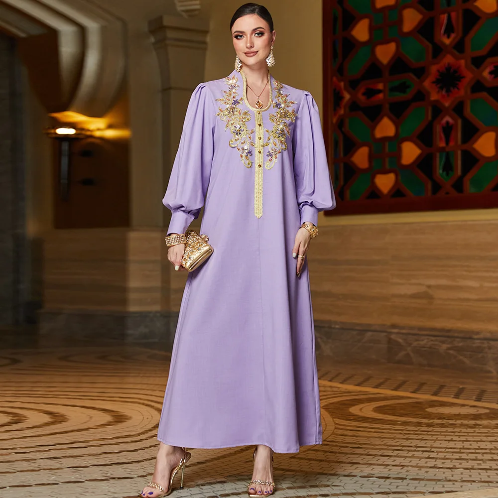

UNI Jalabiya Dress Satin Ramadan Party Dress for Women Mulsim Abaya V Neck Diamond Maxi Robe Moroccan Caftan Party Vestidos