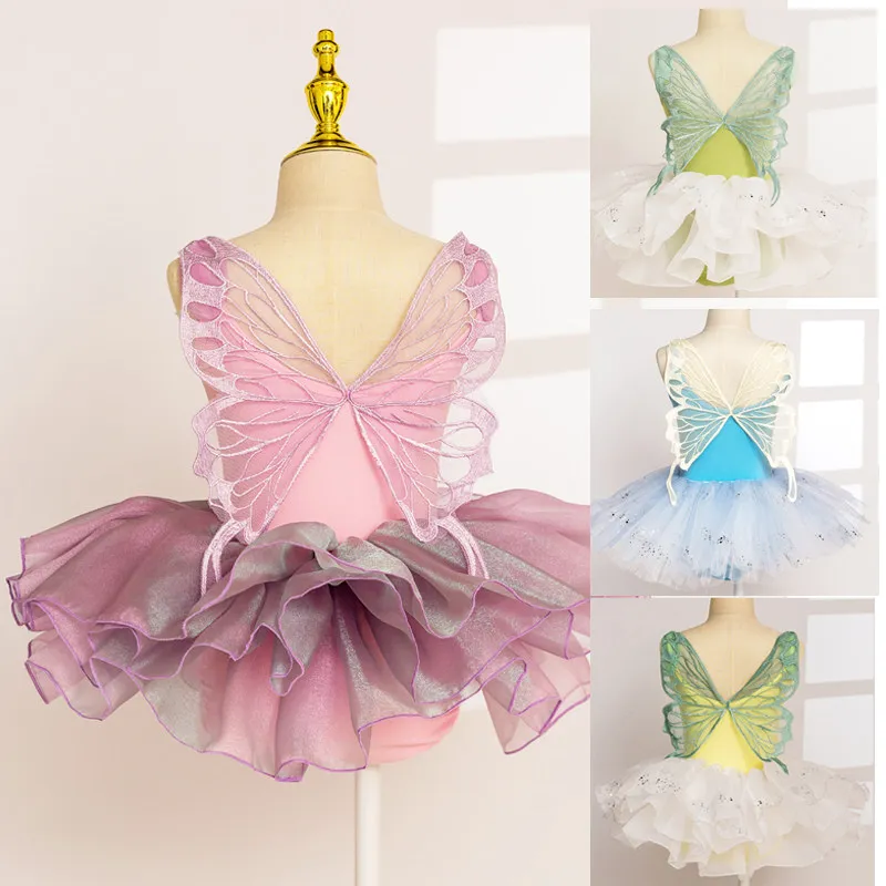 Girls Butterfly Mesh Tutu Skirt Kids Dance Practice Wear Autumn Winter Ballet Stage Performance Costume Children Dress Romper