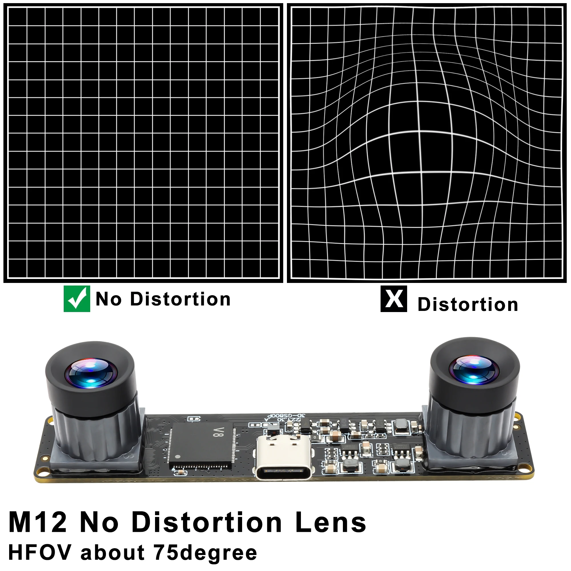 ELP 1200P 60fps Global Shutter USB Camera with M12 Dual Lens No Distortion Industrial Webcam for Recording Fast-Moving Driving