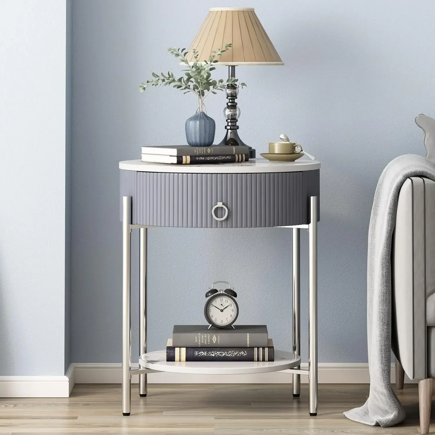 FashionNordic Modern Minimalist 2 Tier Round Side Table With Drawer, Nightstand With Finish Metal Legs Chrome And Shelf