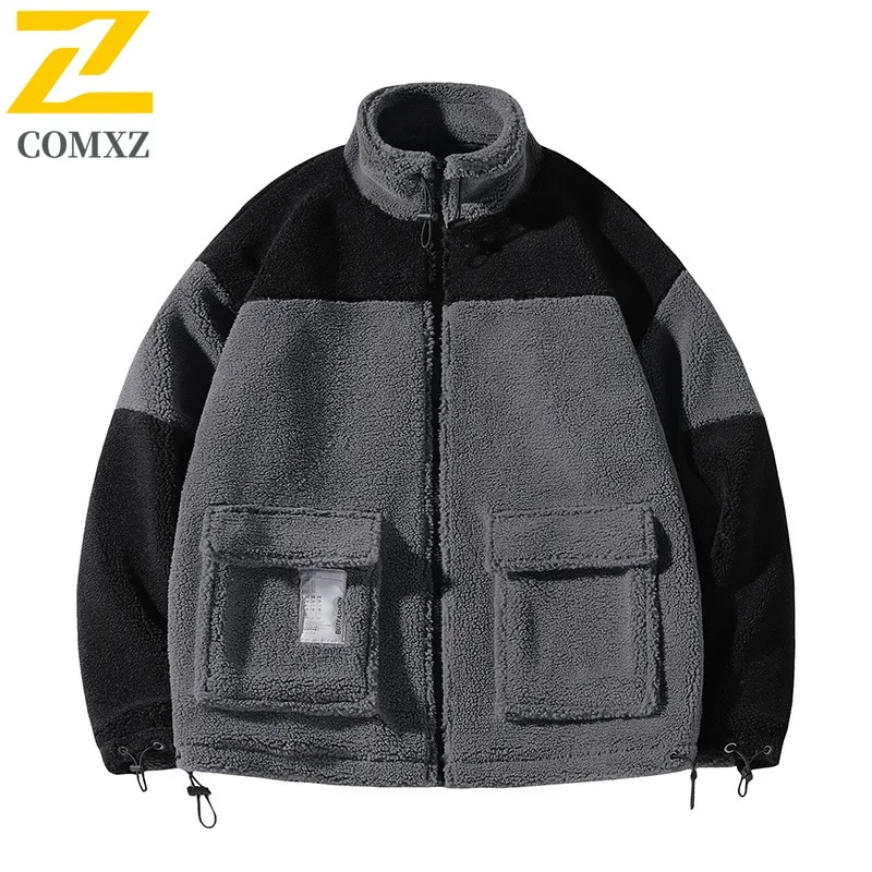 COMXZ 2025 Autumn Winter Men's Sherpa Lined Color Block Stand Collar Parka Coat Korean Style Streetwear Loose Fit Plus Size