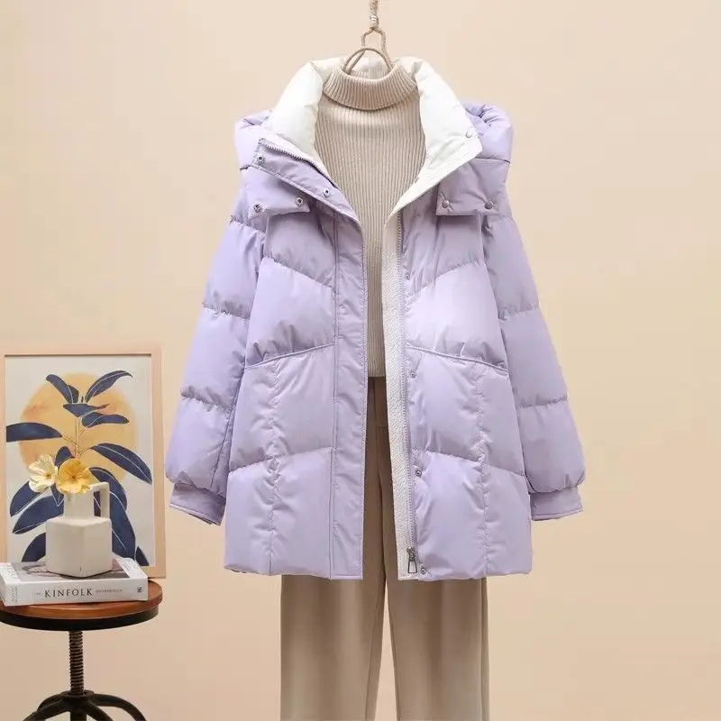 

Medium and Long Color Matching Keep Warm Women Winter 2025 New Contrasting Colors Loose and Thickened Hooded Small Bread Jacket