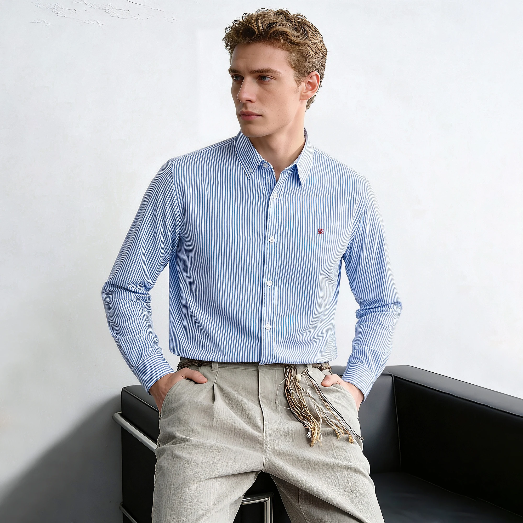 Men's Shirt Business Thin Stripe Design Classic Casual Men's Long Sleeved Blouses Elegant Commuting Single Breasted Men's Shirt