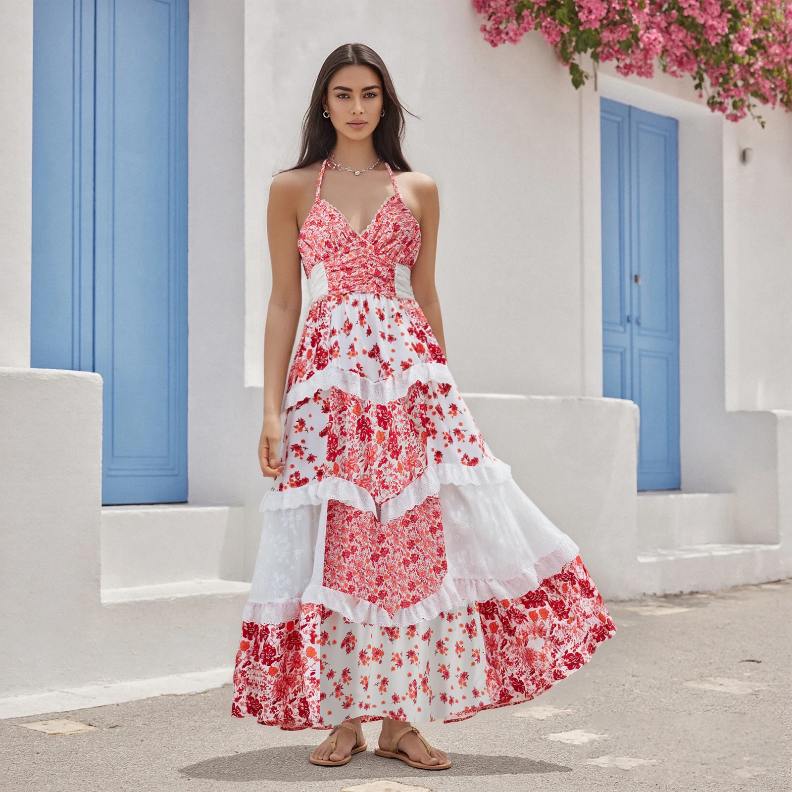 Vestido largo bohemio de verano para mujer, vestido largo con estampado Floral y tirantes finos, vestido informal sin mangas con cuello en V a la moda S M L