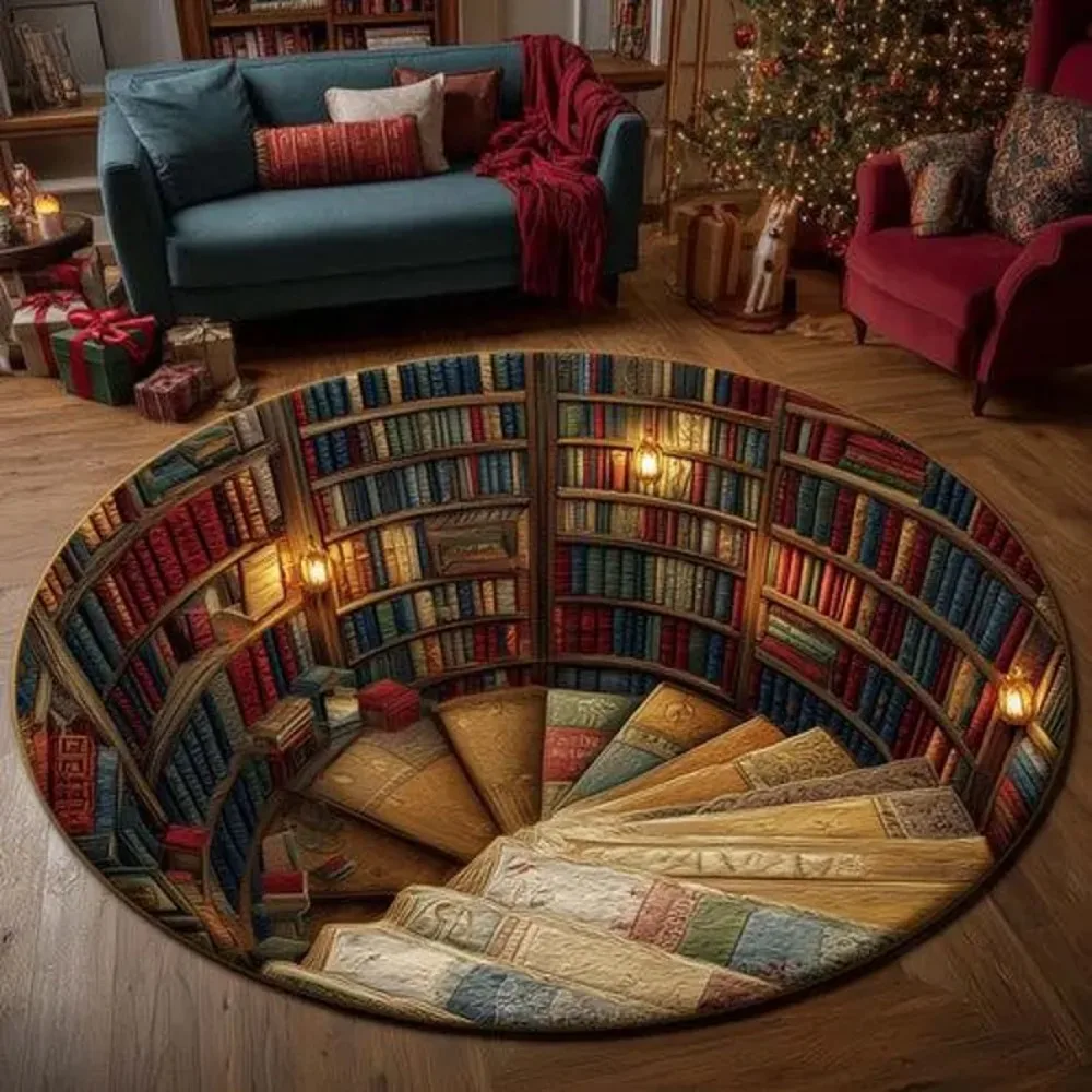 Cozy Reading Nook 3D Illusion Lantern Library Carpet Spiral Stairs FloorMat for Living Room Bedroom Literary Fashion Home Decor