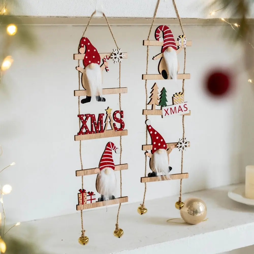 Cartoon Climbing Ladder Santa Claus Pendants DIY with Bells Christmas Wooden Hanging Tree Festive Merry Christmas Decor