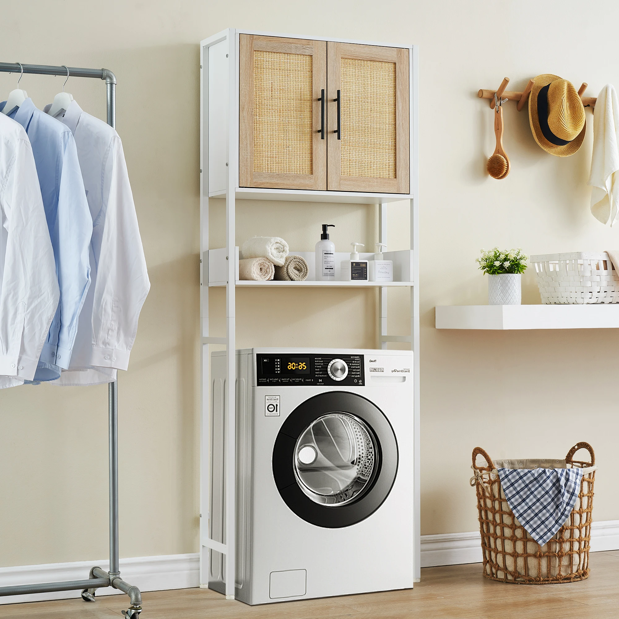

Over The Toilet Storage Cabinet, Bathroom Above Toilet Storage Wood Cabinet with Rattan Door and Adjustable Shelves