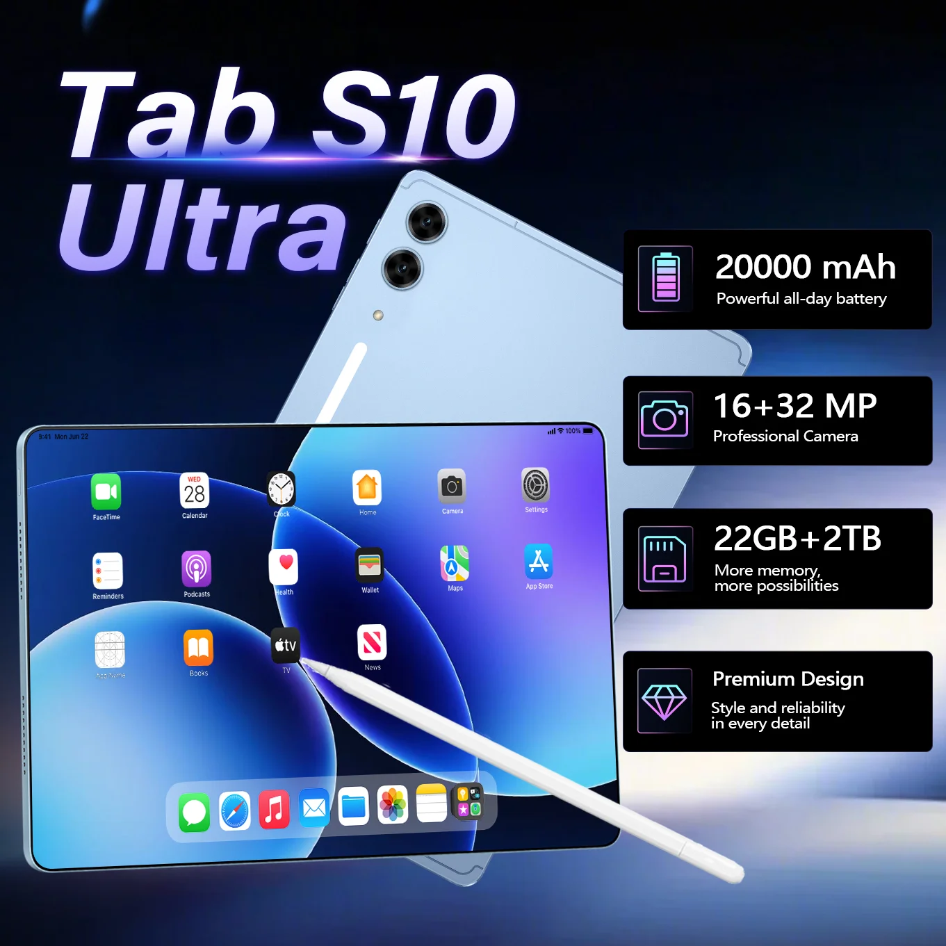 NEW Tab S10 Ultra 10.1 inch HD Screen 22GB+2TB Original 5G Dual Card Global Version 20000mAh Battery Office Tablet
