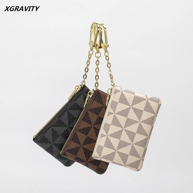 

2024 Casual Plaid Leather Small Zipper Wallet Ladies Keychain Trendy Coin Key Storage Bag with Chain Women Mini Coin Purses H05