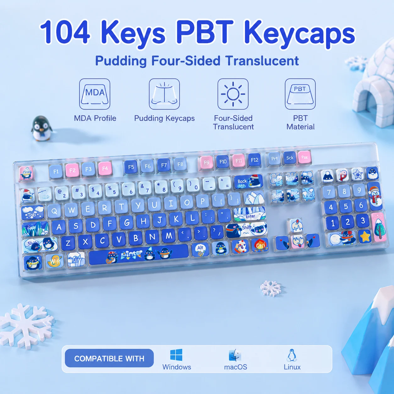 122key/set PBT Penguin Keycap MDA High Pudding Four sided Transparent Thermal Sublimation Mechanical Keyboard Keycap