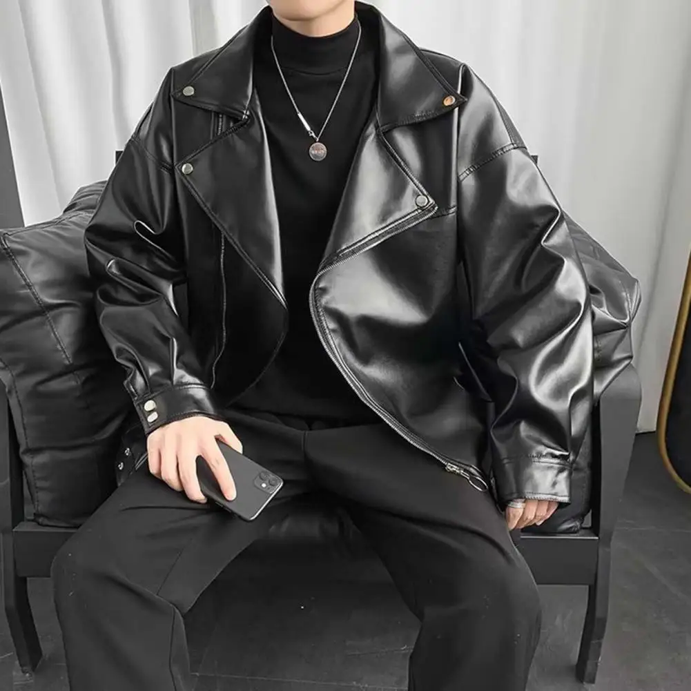 

Men Jacket Men's Imitation Leather Motorcycle Style Jacket With Lapel Collar Zipper Placket Solid Color Loose Fit For Outerwear